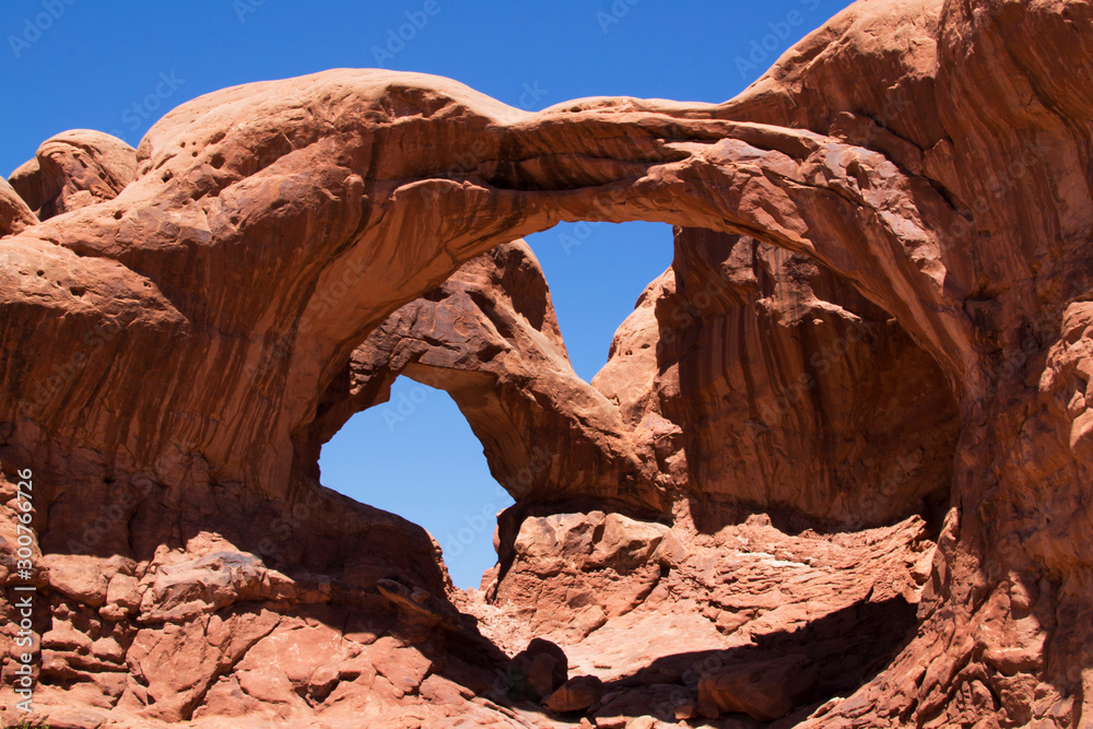 Arches National Park, Utah, USA. Double arch, beautiful landscape without people. Traveling in America, a must visit. Tourist place.