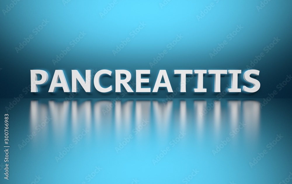 Word Pancreatitis written in bold white letters on blue reflective background. 3d illustration.