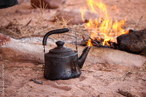 Bedouin tea preparation in the desert of Wadi Rum Jordan