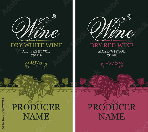 Vector set of two labels for red and white wine with bunches of grapes and calligraphic inscriptions in retro style