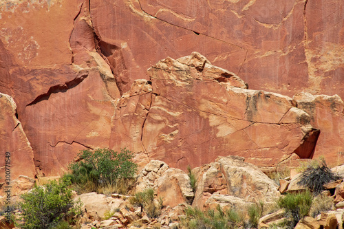 Ancient Fremont People petroglyphs make present day visitor aware of their existence oin the sandstone walls of Capitol Reef National Park, Utan