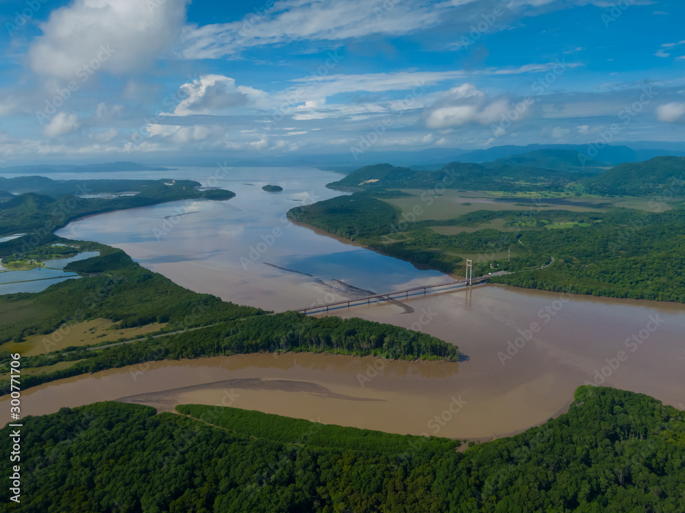 Beautiful aerial view of the Tempisque river and the Amistad bridge in Costa Rica