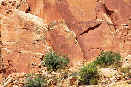 Ancient Fremont People petroglyphs make present day visitor aware of their existence oin the sandstone walls of Capitol Reef National Park, Utan