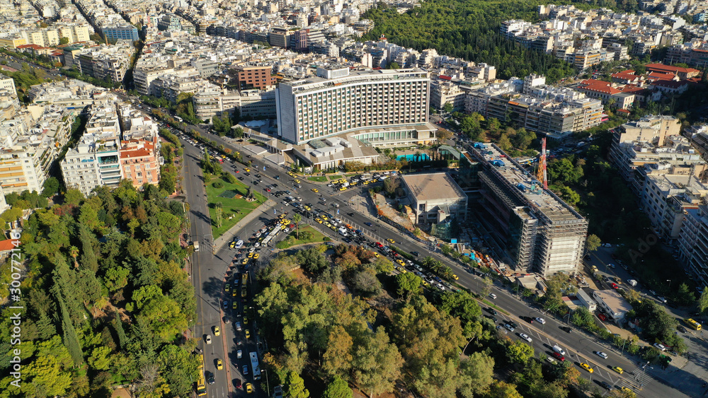 Aerial drone photo of famous landmark hotel in centre of Athens, Attica, Greece