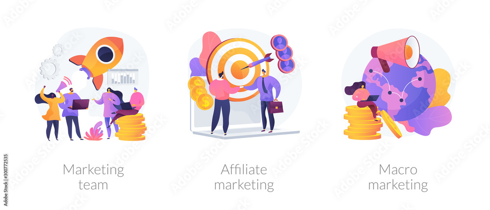 Professional marketers service, advertising business, worldwide networking icons set. Marketing team, affiliate marketing, macro marketing metaphors. Vector isolated concept metaphor illustrations