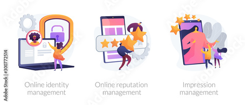 Web presence establishment, crm software, self presentation. Online identity management, online reputation management, impression management metaphors. Vector isolated concept metaphor illustrations