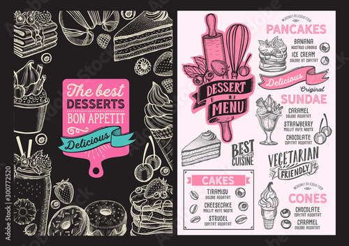 Dessert menu food template for restaurant with doodle hand-drawn graphic.