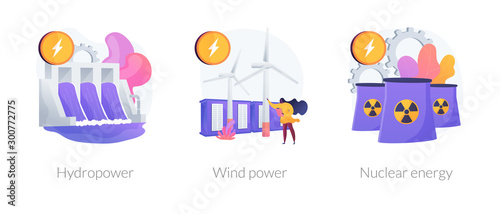 Renewable resources use, environmentally safe technology, industrial power plant icons set. Hydropower, wind power, nuclear energy metaphors. Vector isolated concept metaphor illustrations