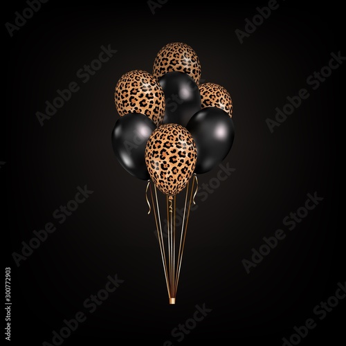 Vector 3d realistic black and leopard print skin balloons isolated on black background. Bunch of colorful party balloons for event design, birthday, anniversary, celebration, carnival.
