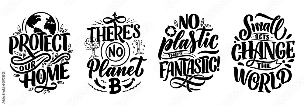 Slogan Lettering Environment Set with Eco bag prints for cloth design. Retail advertising. Lettering ...