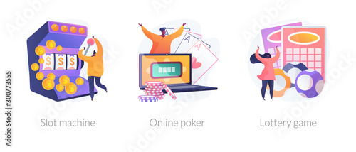 Gambling addiction, internet casino dependence, dangerous entertainment icons set. Slot machine, online poker, lottery game metaphors. Vector isolated concept metaphor illustrations