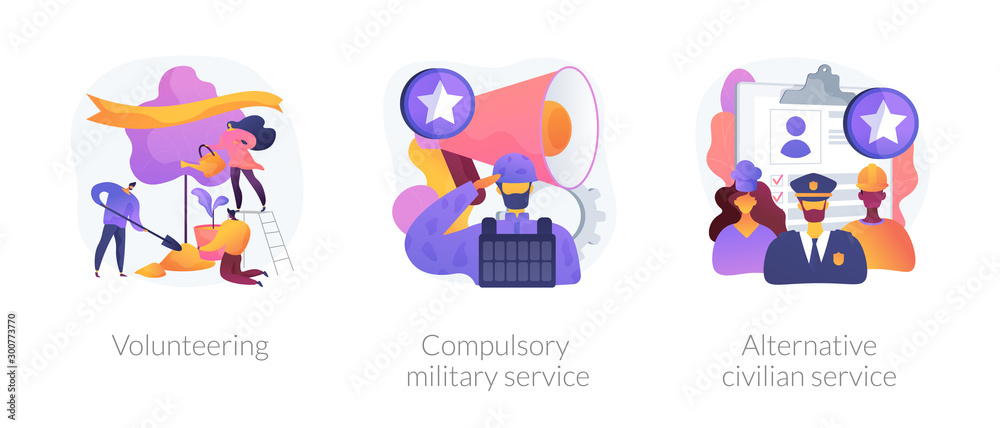 Voluntary work, country protection, employment industry icons set. Volunteering, compulsory military service, alternative civilian service metaphors. Vector isolated concept metaphor illustrations Voluntary work, country protection, employment industry icons set. Volunteering, compulsory military service, alternative civilian service metaphors. Vector isolated concept metaphor illustrations
