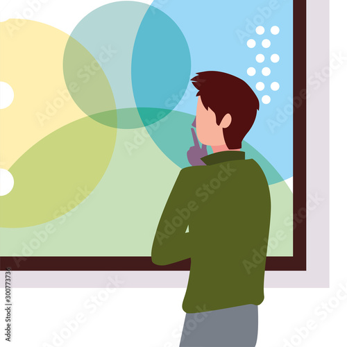man in contemporary art gallery, exhibition visitors viewing modern abstract paintings