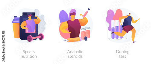 Active lifestyle, illegal substances use, professional sportsman examination icons set. Sports nutrition, anabolic steroids, doping test metaphors. Vector isolated concept metaphor illustrations