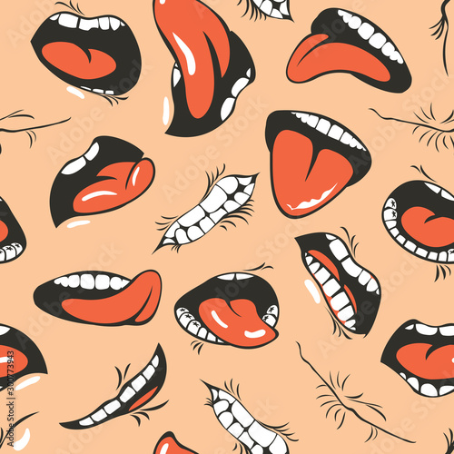 Wallpaper Mural Vector seamless pattern with human mouths, tongue and teeth on a beige background. Emoticons of cartoon mouths with various emotions-smiling, sad, surprised, shocked. Wallpaper, wrapping paper, fabric Torontodigital.ca