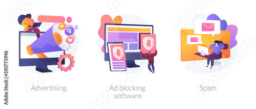 SMM business, annoying online notifications and internet newsletter protection icons set. Advertising, ad blocking software, spam metaphors. Vector isolated concept metaphor illustrations