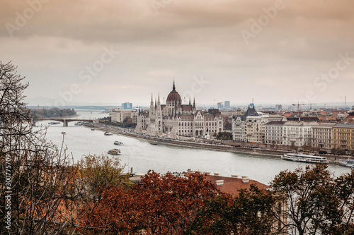 Beautiful Autumn weather in Budapest  Hungary - cityscape with a view over Danube River and Hungarian Parliamen