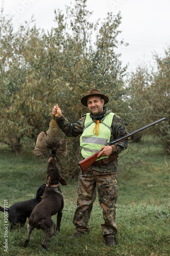 Hunting period, autumn season open. A hunter with a gun in his hands in hunting clothes in the autumn forest in search of a trophy. A man stands with weapons and hunting dogs tracking down the game. 
