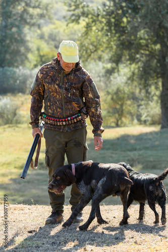 Hunting period, autumn season open. A hunter with a gun in his hands in hunting clothes in the autumn forest in search of a trophy. A man stands with weapons and hunting dogs tracking down the game.  © Mountains Hunter