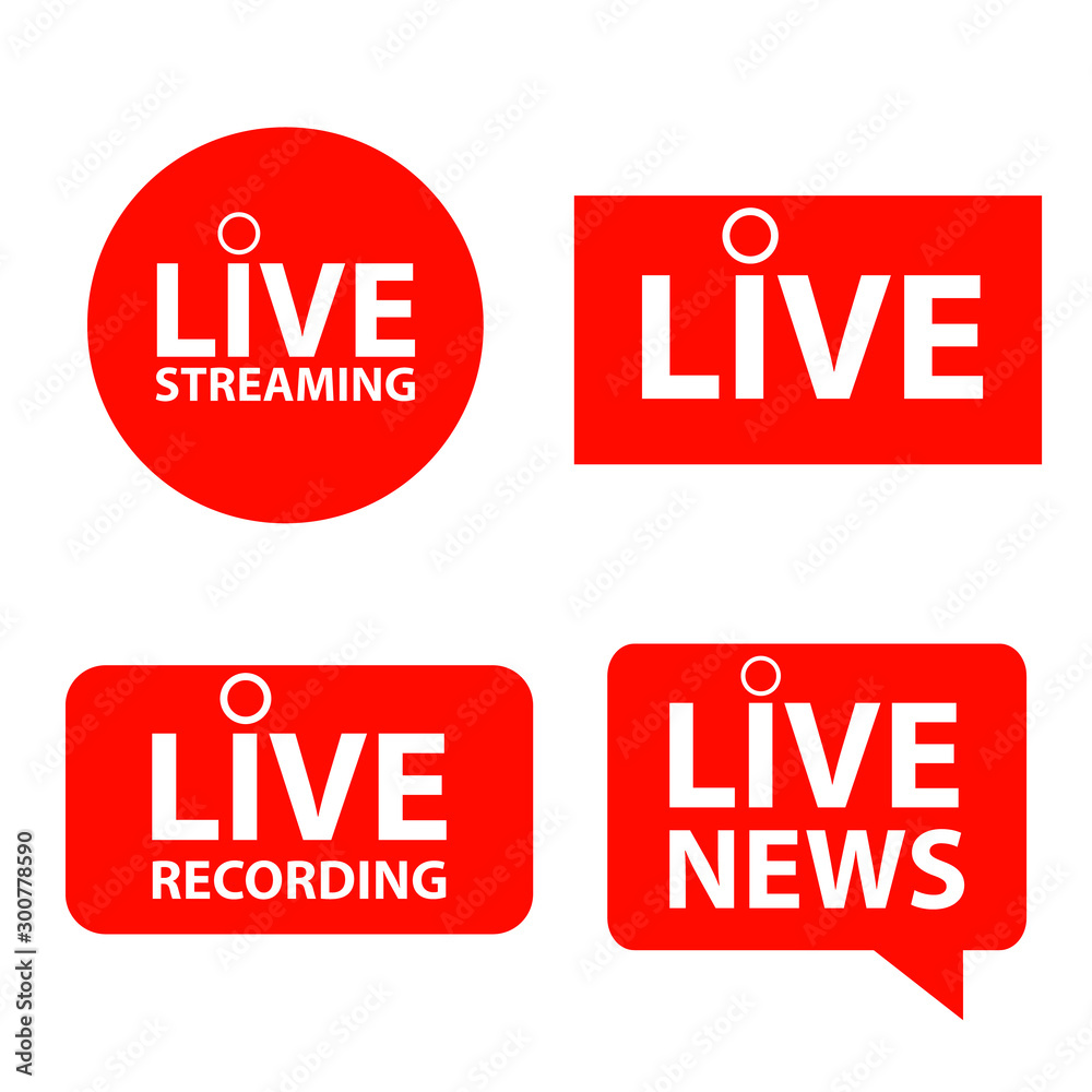 Set of live streaming icon. Red button live web tv online broadcasting
