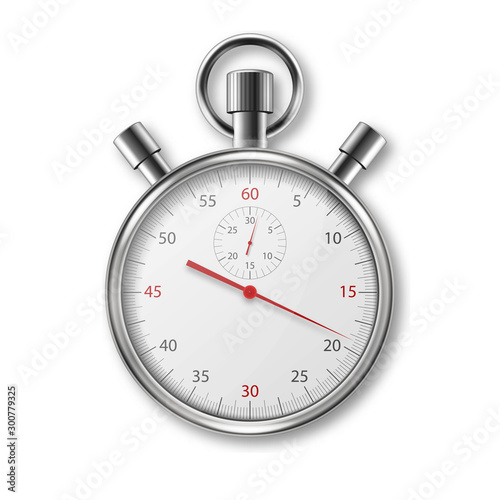 Vector Realistic Metal Steel Silver Gray Classic Stopwatch Icon Closeup Isolated on White Background. Stop-watch Design Template. Sport Timer on Competitions. Start, finish, Time Management. Top View