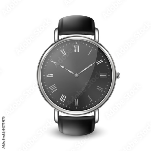 RealisticSilver Steel Gray Classic Vintage Wrist Watch with Roman Numerals and Black Dial Icon Closeup Isolated on White Background. Design Template of Metal Wristwatch with Black Leather Bracelet