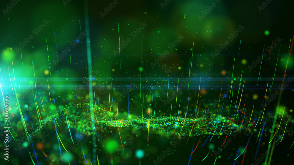 Abstract background shining green and colorful dust particles glow, wave and grow up movement. 3D rendering.