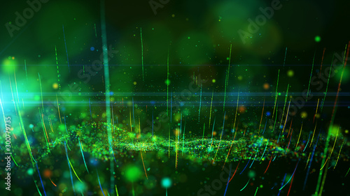 Abstract background shining green and colorful dust particles glow, wave and grow up movement. 3D rendering.