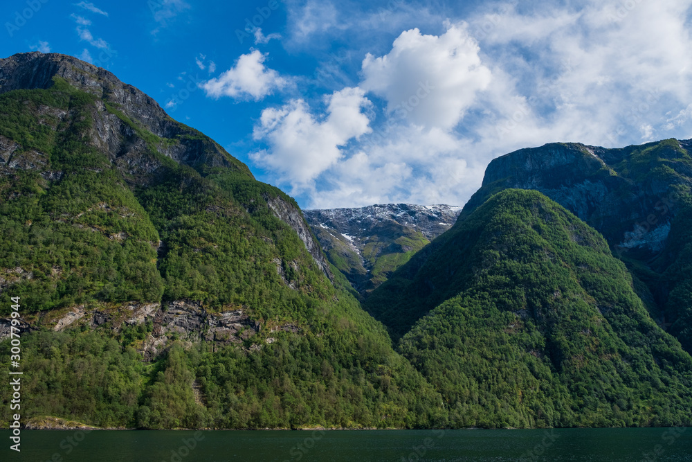 The Aurlandsfjord - a narrow, lush branch of Norway s longest fjord, the Sognefjord. July 2019