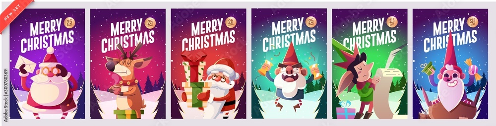Plakat Set of Merry Christmas and Happy new Year greeting cards design with Christmas characters. Vector illustration