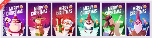 Set of Merry Christmas and Happy new Year greeting cards design with Christmas characters. Vector illustration