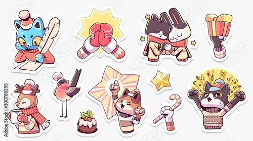 Set of Merry Christmas and Happy New Year stickers or magnets. Festive souvenirs.