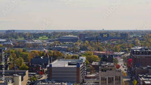 Ann Arbor Michigan Aerial v41 Low vantage traverse through downtown campus cityscape - October 2017 photo