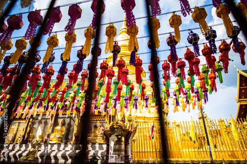 Phra That Hariphunchai pagoda with beautiful lantern in Lamphun Lantern Festival photo