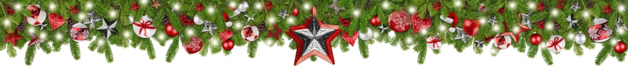 christmas garland super wide panorama banner with fir branches red silver stars lights and baubles xmas russtic traditional natural tree decoration isolated white background