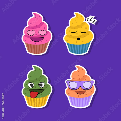 Set of cupcakes in sticker style. Vector illustration
