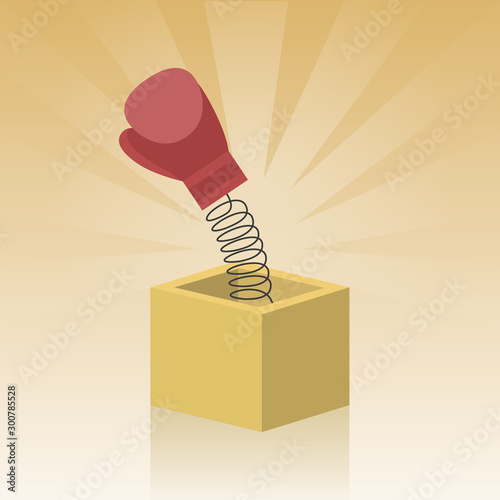 Boxing glove jack in the box icon. April fools day clipart image isolated on yellow sun ray background