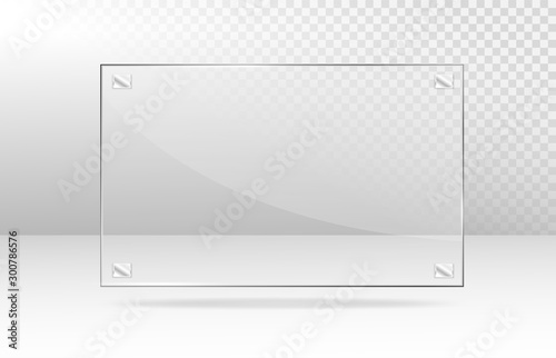 Realistic transparent glass window. Glass plates on transparent background. Acrylic and glass texture with glares and light. Rectangle frame. Vector.