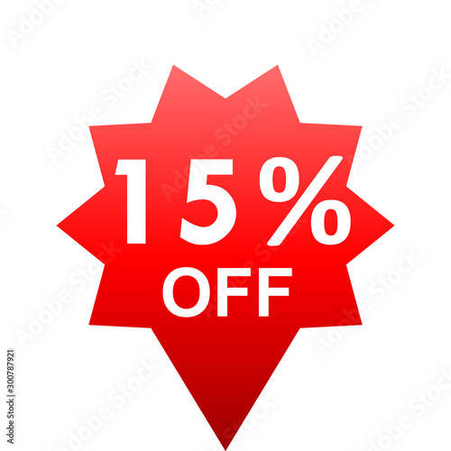 Sale - 15 percent off - red gradient tag isolated - vector