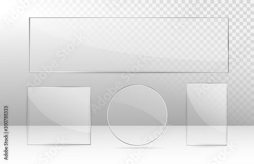 Realistic transparent glass window set. Collection of Glass plates on transparent background. Acrylic and glass texture with glares and light. Rectangle frame. Vector.	
