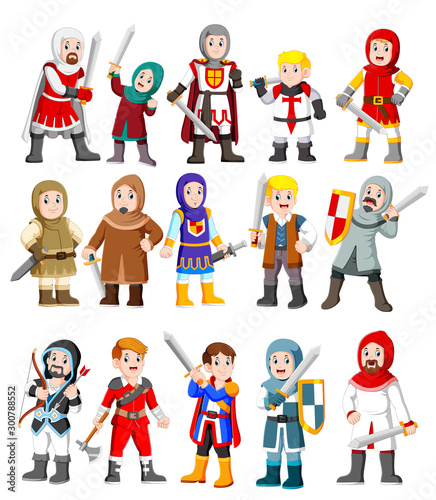 Collection of cute cartoon medieval knight characters