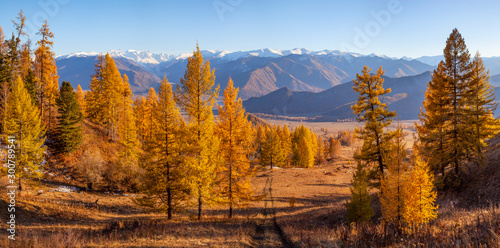 Picturesque mountain valley, panoramic autumn view