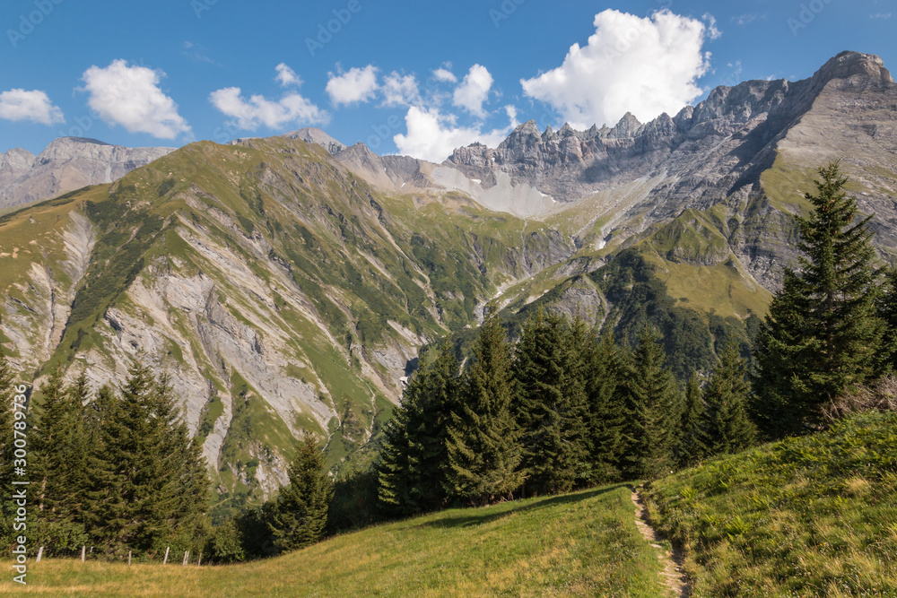 mountain range in the Glarus Alps with the Glarus thrust fault in Switzerland