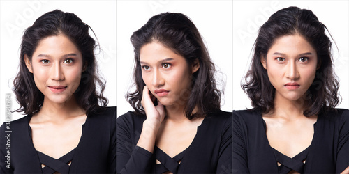 Face emotion feeling of Fashion Young Asian Woman Tanned skin short curl hair with beautiful make up black vast bodysuit. Studio white Background isolated, Collage group pack show eyes lips