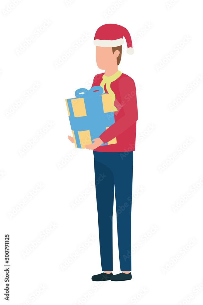 young man with christmas hat and giftbox present young man with christmas hat and giftbox present
