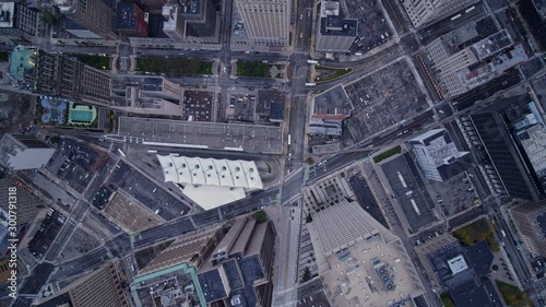 Detroit Michigan Aerial v135 Downtown cityscape from vertical view following path of Michigan Avenue - October 2017