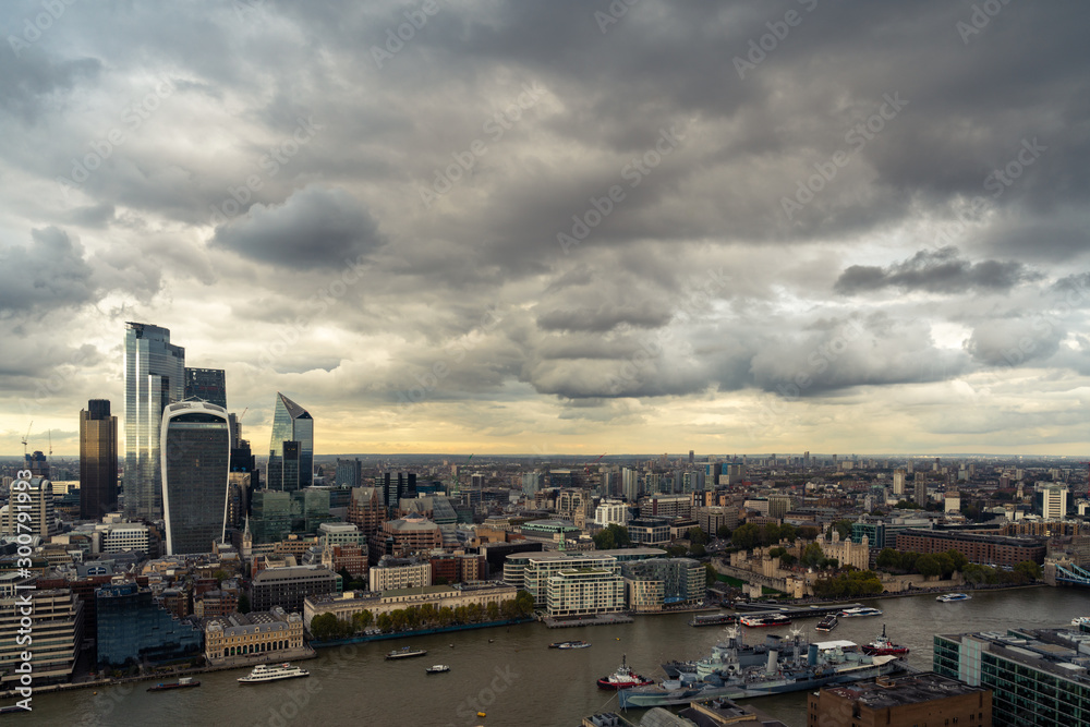 British dramatic weather London city aerial view 