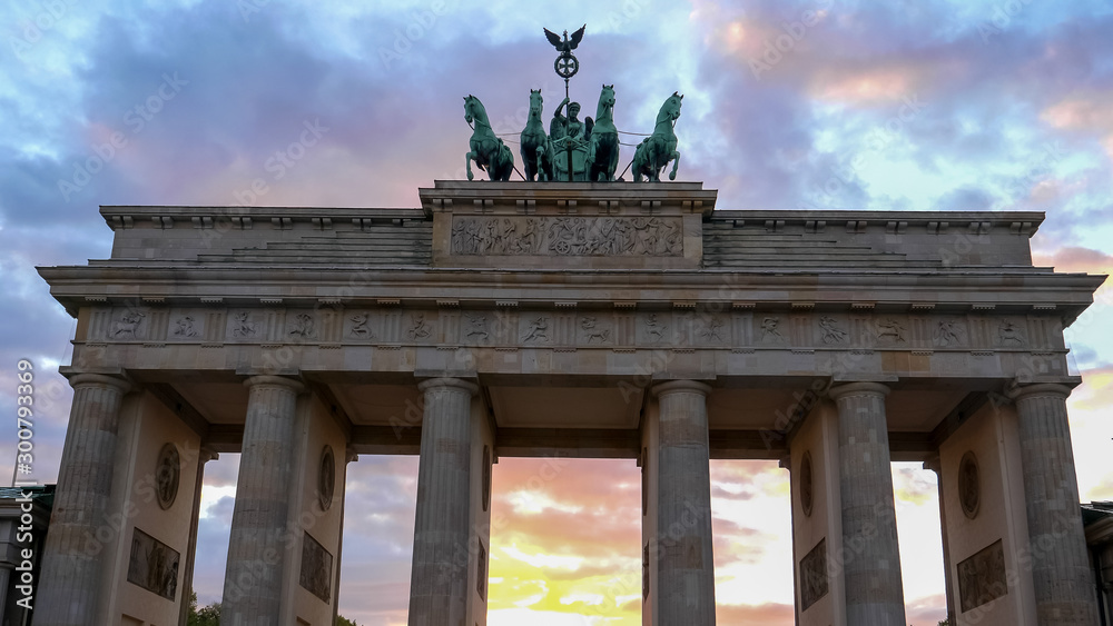 close view of brandenburg gate at sunset in berlin, germany