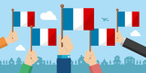 People holding the national flag in hand , vector banner illustration / France