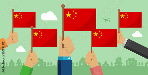 People holding the national flag in hand , vector banner illustration / China